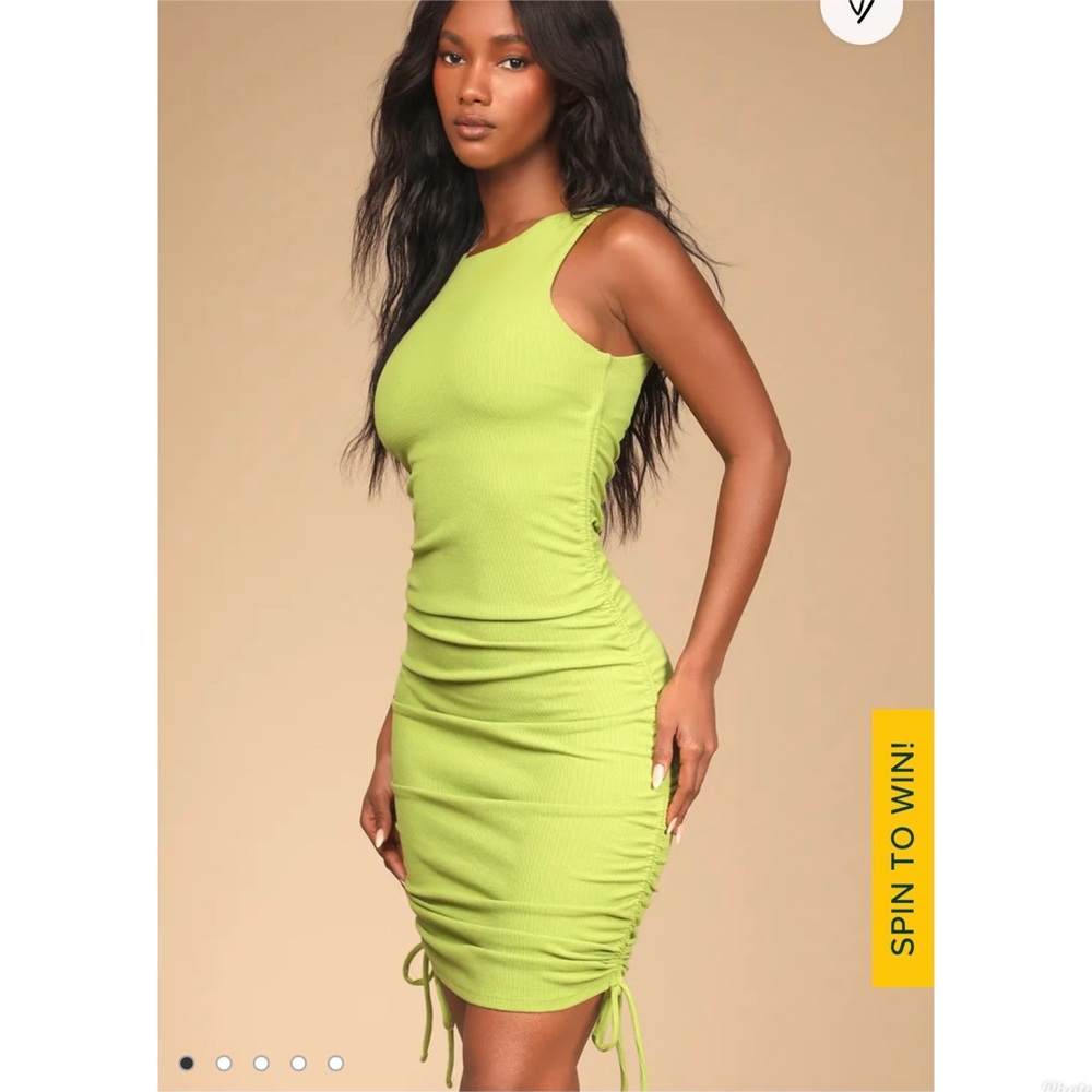 Lime green Ribbed Drawstring Ruched Bodycon Dress 👗